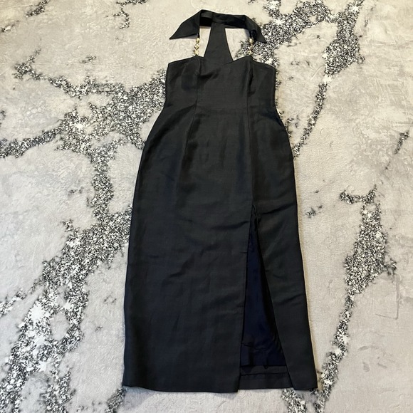 Cache Dress Womens Size 8 Black Linen Blend Halter Beaded Straps Vtg - Picture 1 of 11